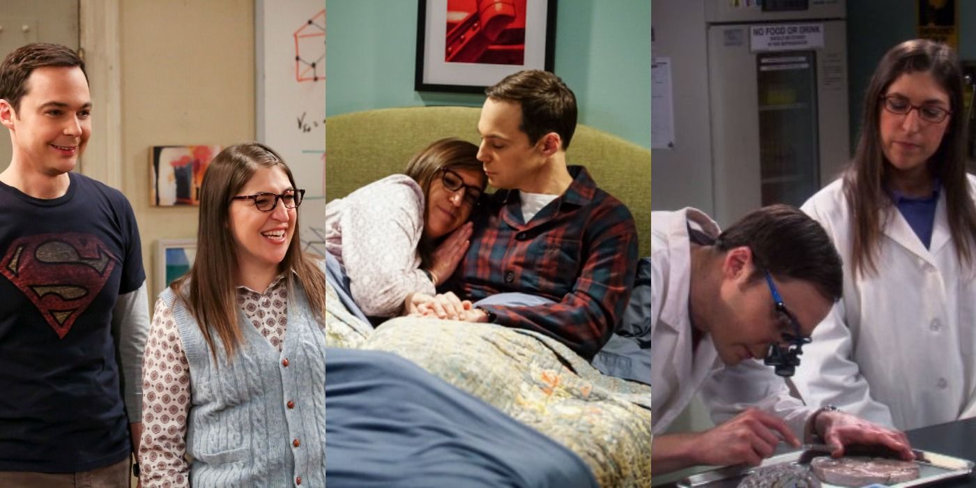 Split image showing Sheldon and Amy smiling, embracing in bed, and working in the lab on TBBT