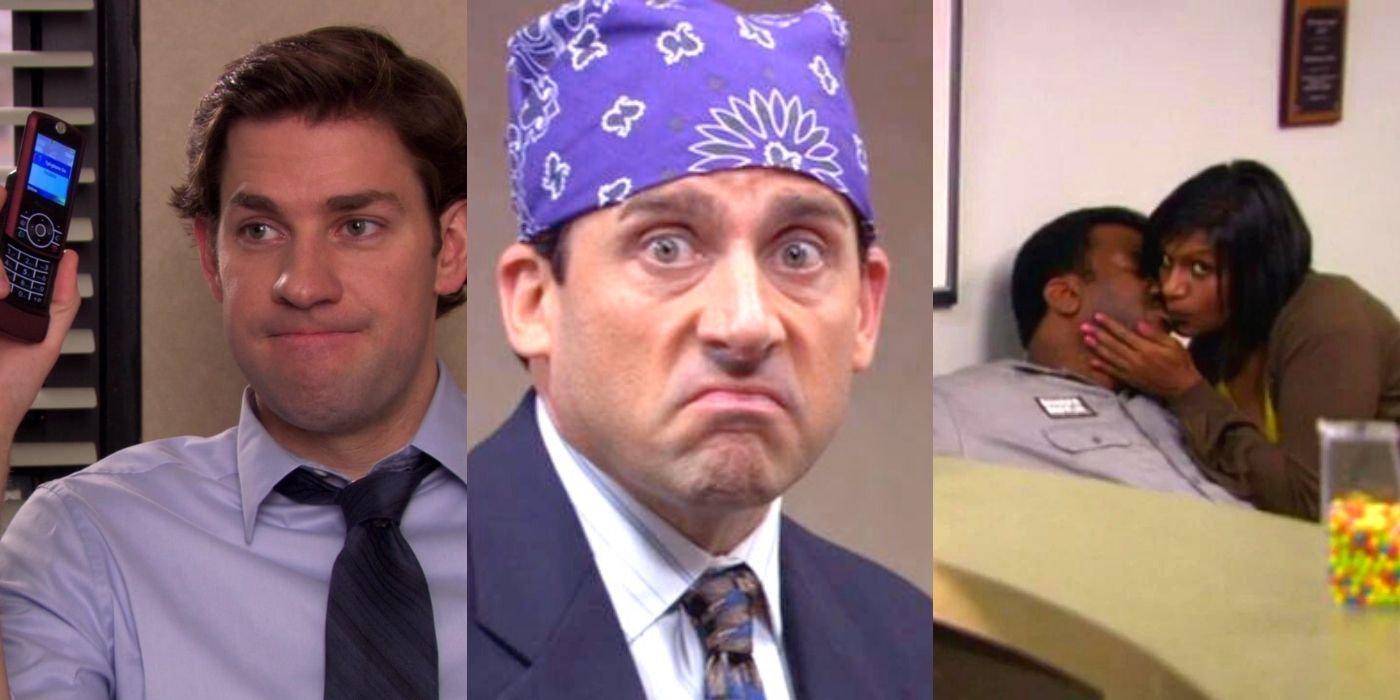 Side by side images of Jim on his phone, Michael as Prison Mike, and Kelly kissing Darryl from The Office