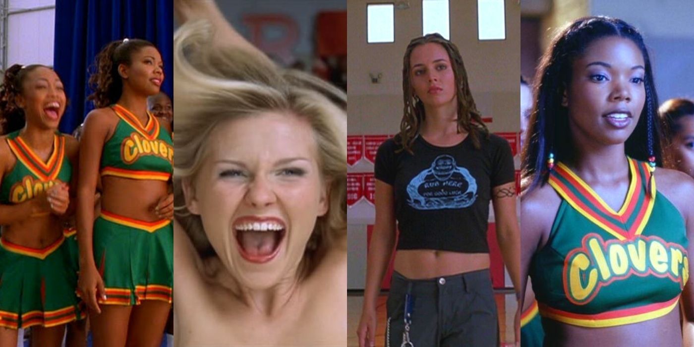 Side by side images of characters from Bring It On cheerleading