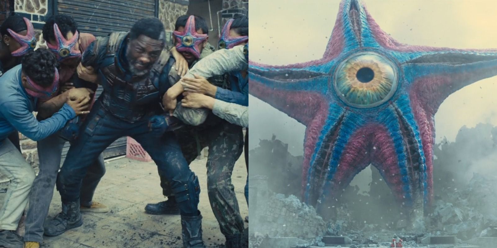 Side-by-side view of Bloodsport being attacked by Starro's infected horde on the left and Starro breaking out of Jotunheim on the right in James Gunn's The Suicide Squad