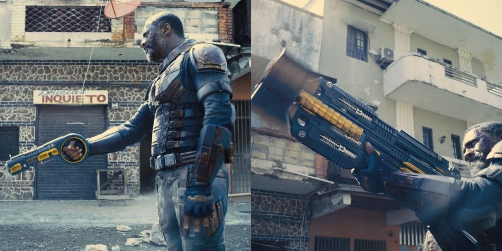 Side-by-side view of Bloodsport wielding his transforming guns in James Gunn's The Suicide Squad