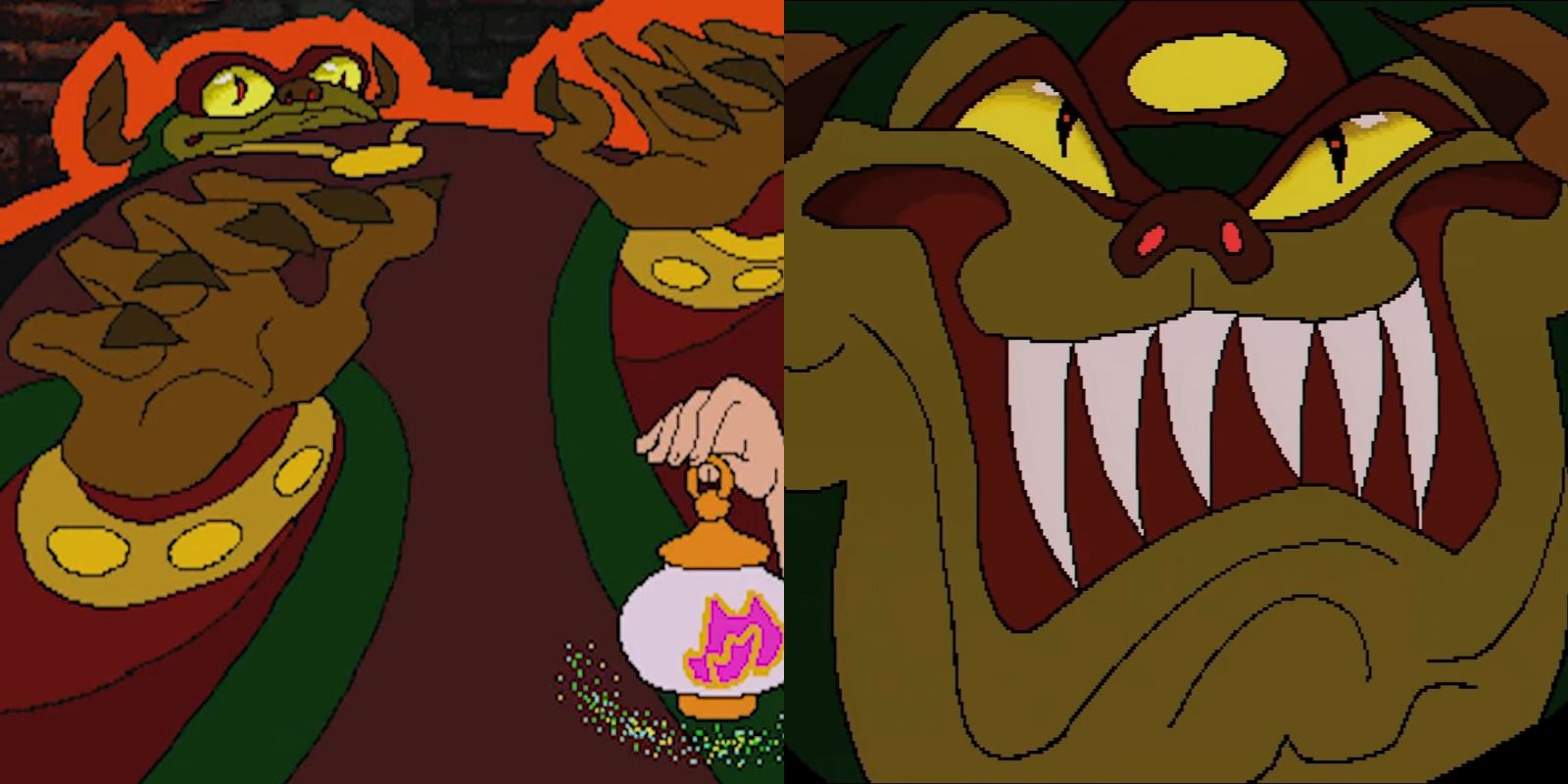 Side-by-side view of Ganon threatening Zelda in Zelda: The Wand Of Gamelon and threatening Link in Link: The Faces Of Evil