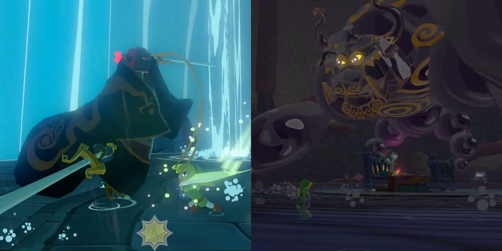 Side-by-side view of Link battling Ganondorf and Puppet Ganon in The Legend Of Zelda The Wind Waker