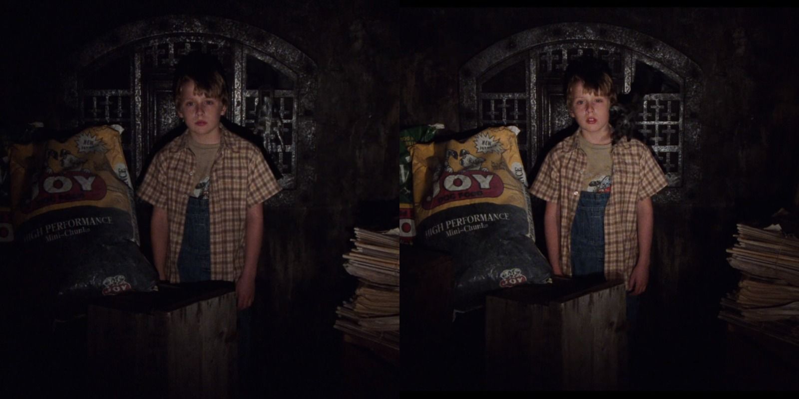 Side-by-side view of Morgan Hess in front of the coal chute and being attacking by an alien in Signs (2002)