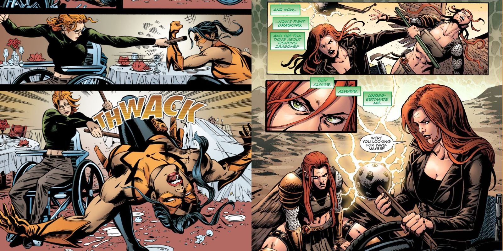 Side-by-side view of Oracle fighting Tarantula on the left and Oracle taking down Hawkgirl on the right in DC comics