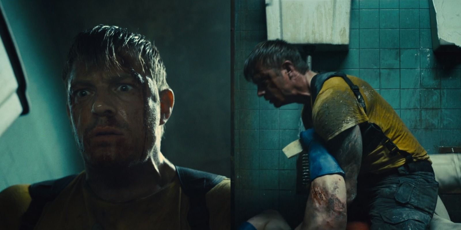 Side-by-side view of Rick Flag being stabbed by Peacemaker in James Gunn's The Suicide Squad