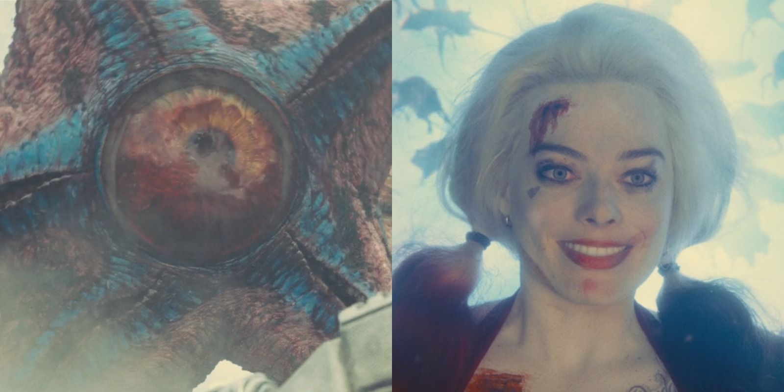 Side-by-side view of Starro succumbing to his wounds on the left and Harley watching the rats kill Starro on the right in James Gunn's The Suicide Squad