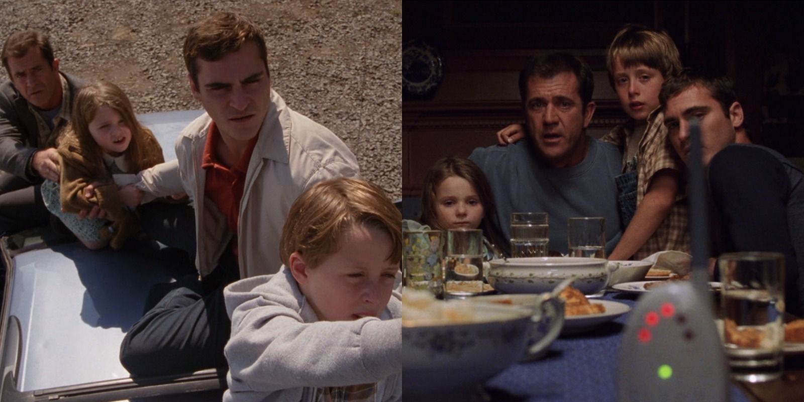 Side-by-side view of the Hess family holding each other while the baby monitor goes off in Signs (2002)
