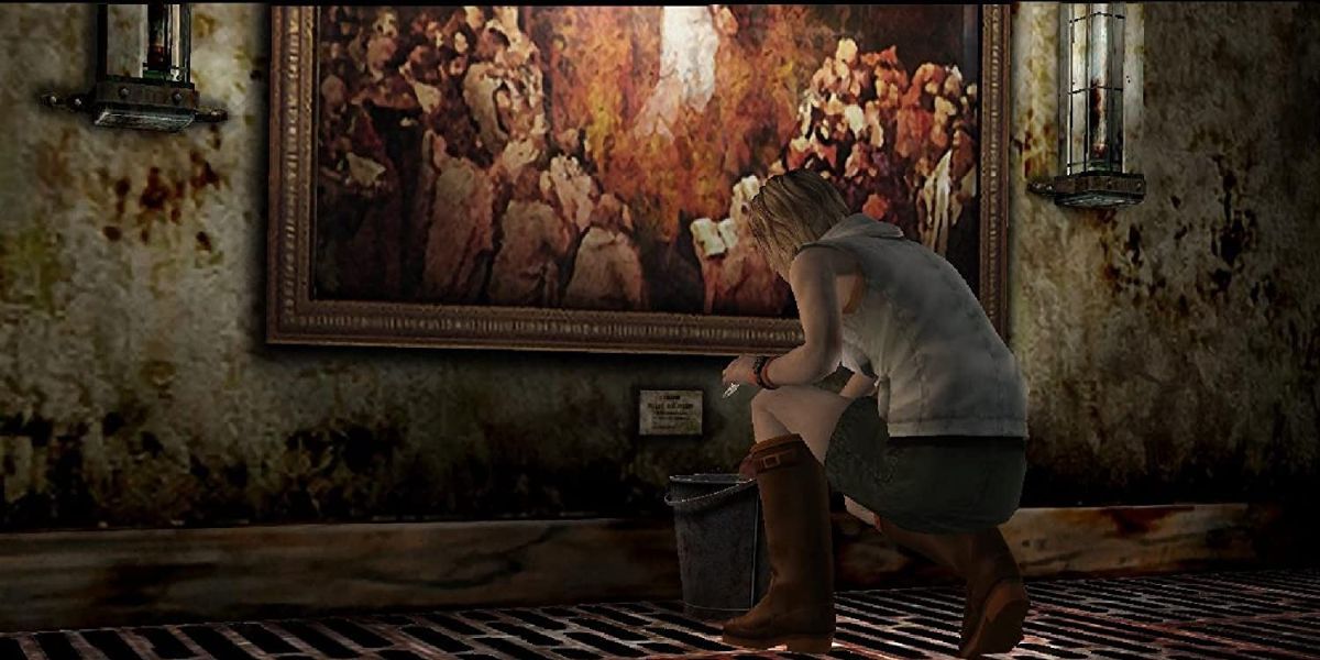Silent Hill 3's Heather crouches over a bucket.