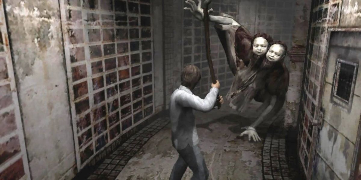 Henry Townshend prepares to attack a creature in Silent Hill 4: The Room (2004)