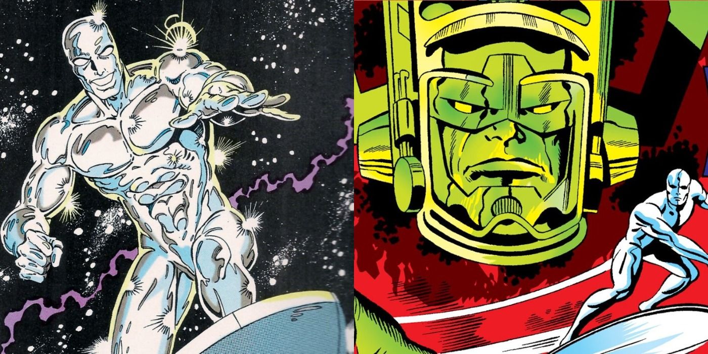 Split image of Silver Surfer flying through space and flying with Galactus from Fantastic Four comic books.