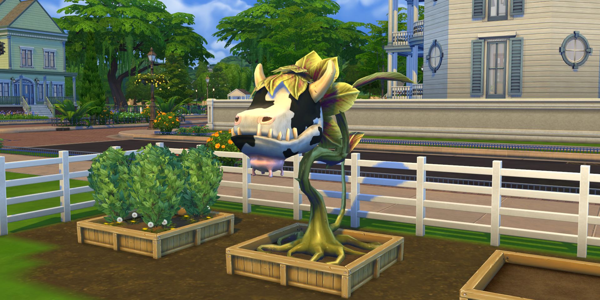 A giant cowplant grows in the middle of a garden during the day in The Sims.