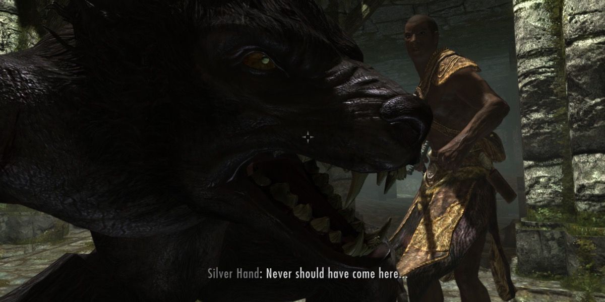 Skyrim — A Silver Hand member threatens a werewolf