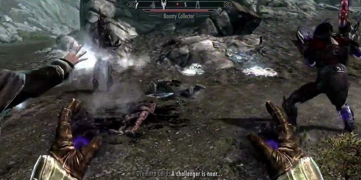 Skyrim — A summoned Dremora eagerly fights for the Dragonborn