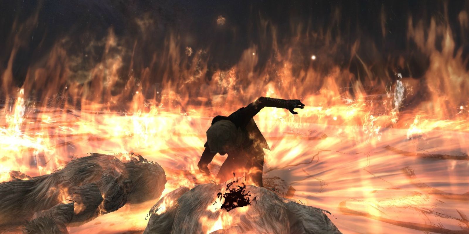 A Skyrim character using the Fire Storm spell.
