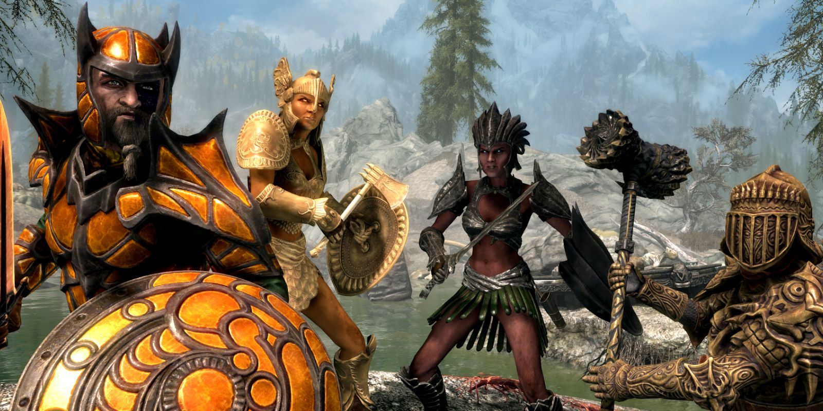 Four characters in full armor readying for battle in Skyrim Anniversary Edition What 