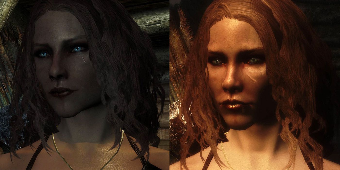 Split image of a character with a face discoloration bug, and a fix from a patch in Skyrim