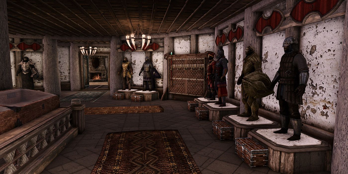 A wide shot of a museum with mannequins wearing armor in Skyrim.