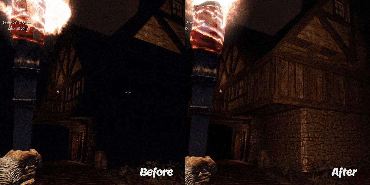 A split image of a lighting fix mod in Skyrim.