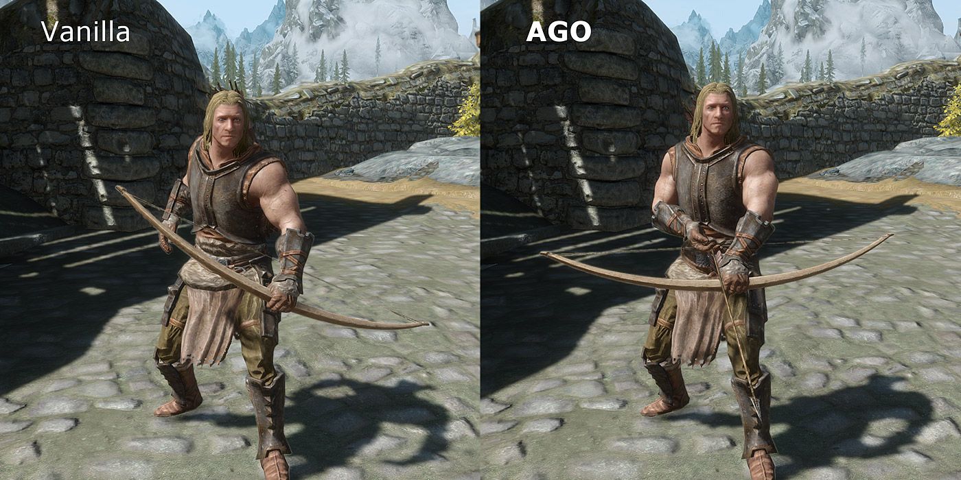Split image comparing normal archery to an archery overhaul mod in Skyrim