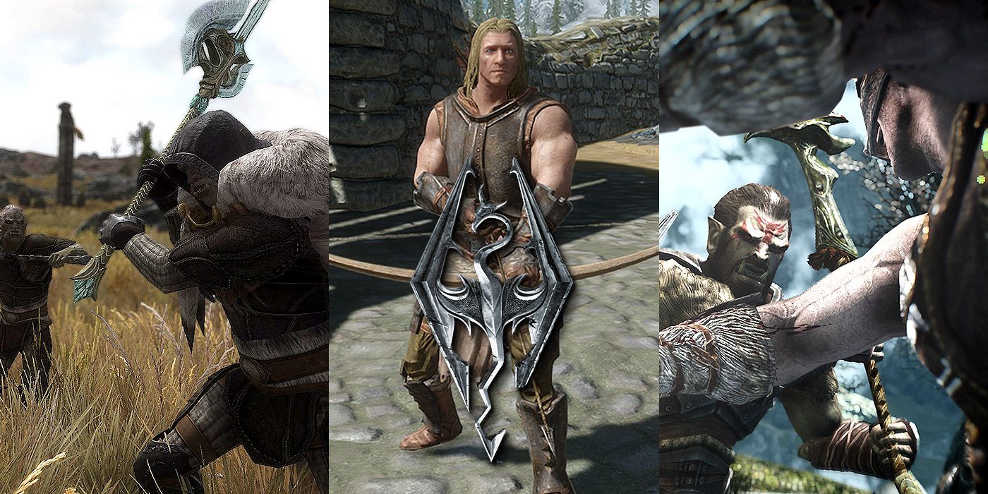 Split image of attacking orcs, a character wielding a bow, and two people fighting in Skyrim