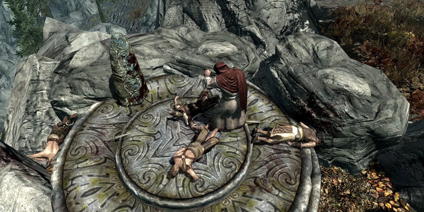 Top view of unconscious foes after being beaten down by the Dragonborn in Skyrim