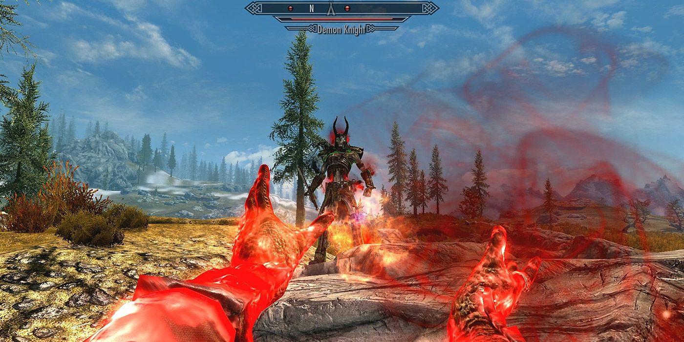 The Dragonborn uses magic to battle a Demon Knight in Skyrim