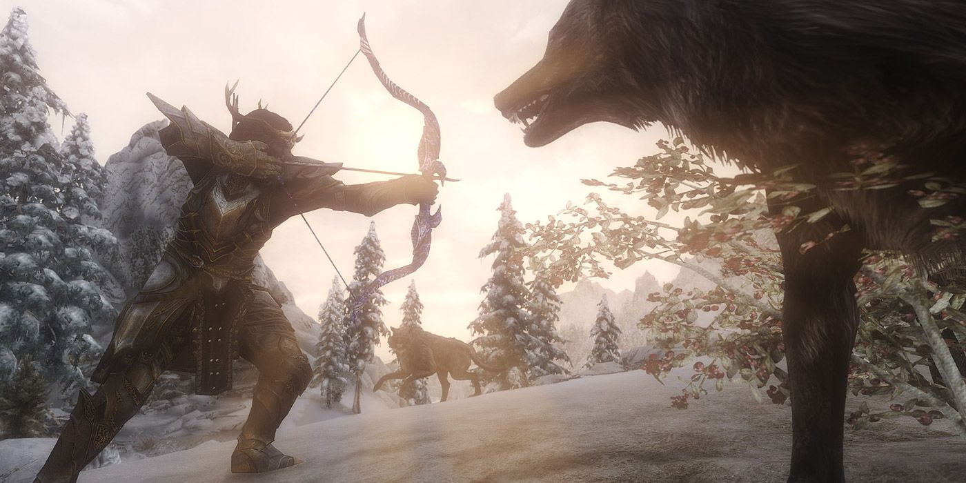 The Dragonborn aims at a wolf in Skyrim