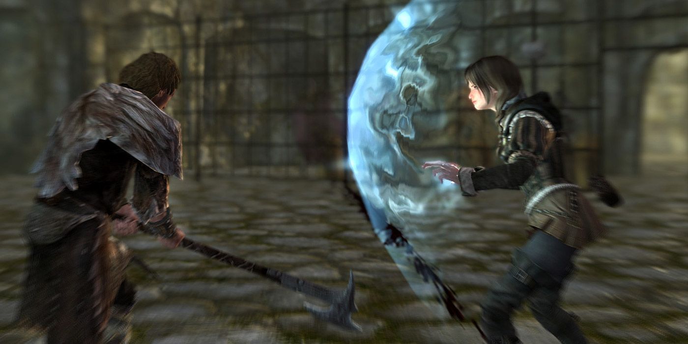 A player uses a magic ward to block a strike in Skyrim