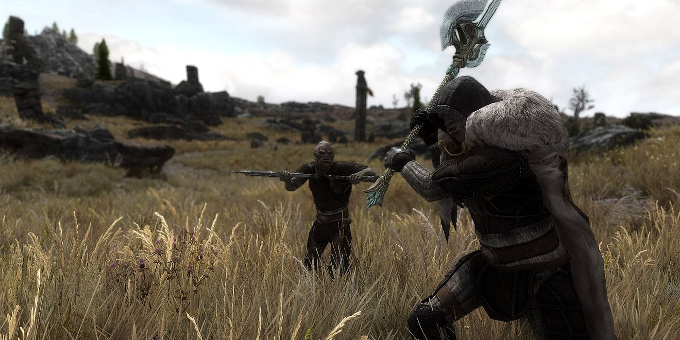 Two enemies attack the Dragonborn in a grass field in Skyrim