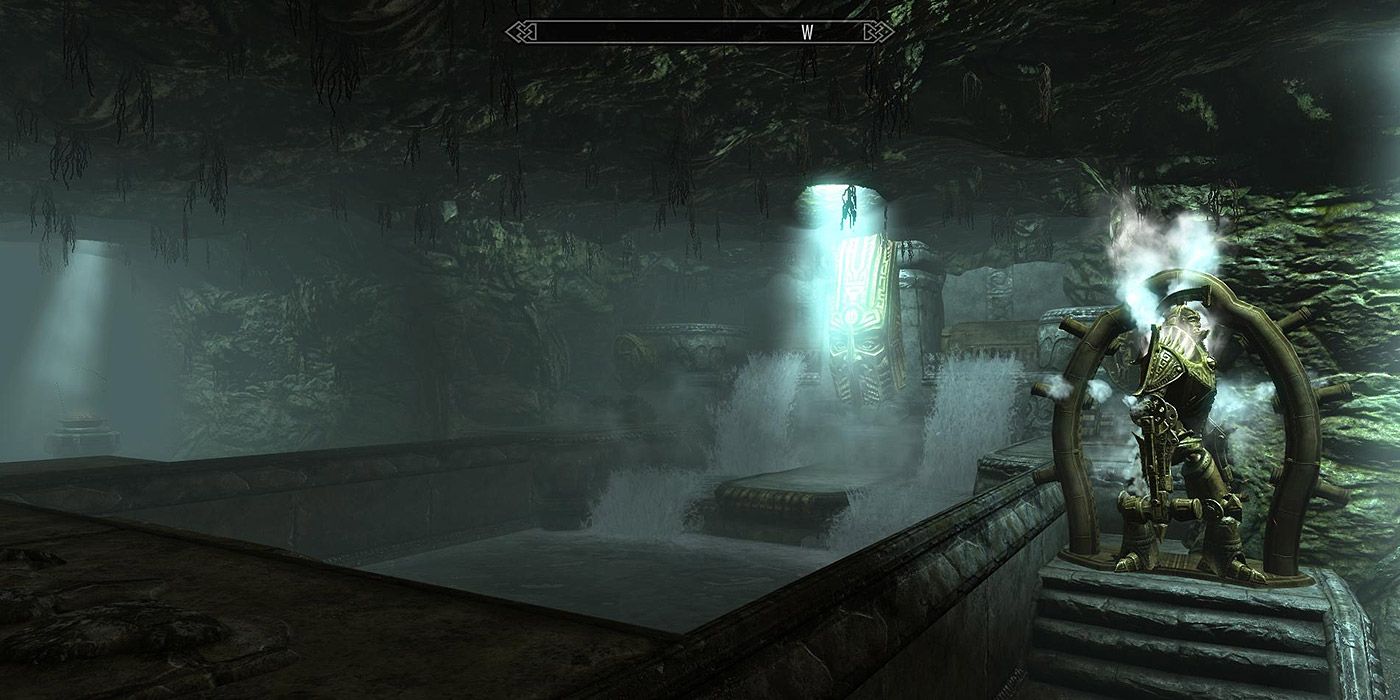 A wide shot of an ancient tomb and a Dwemer automaton in Skyrim