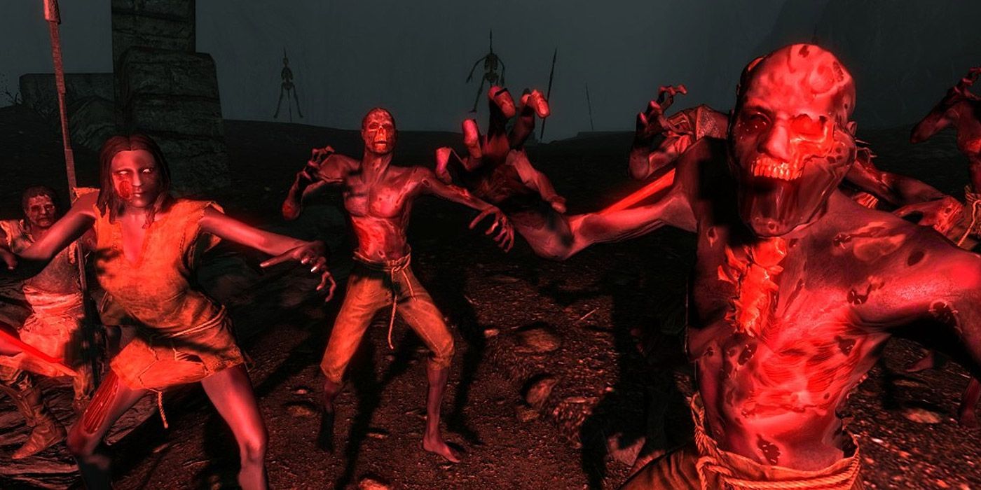 A group of undead zombies attack the Dragonborn in a Skyrim dungeon
