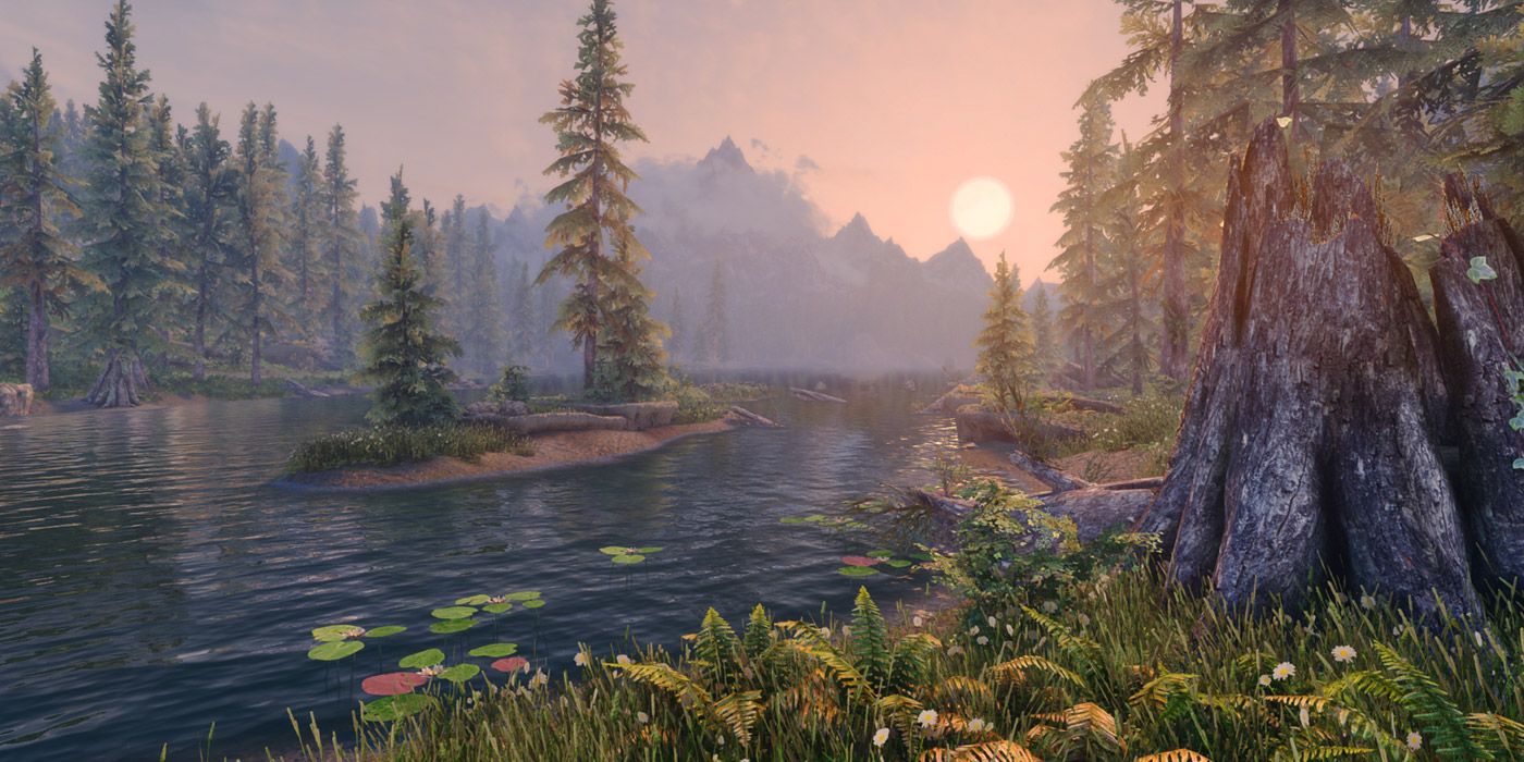A scenic lakeside shot of a heavily modded Skyrim