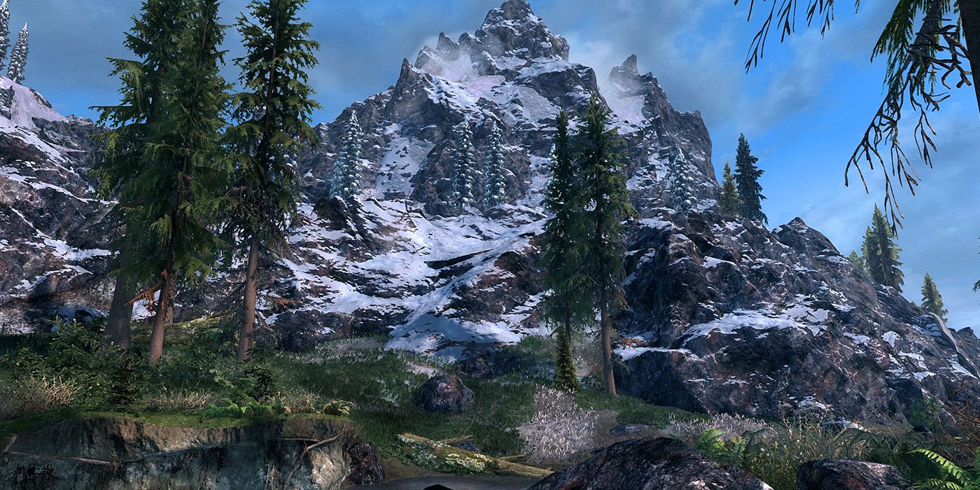A shot of a high mountain in Skyrim