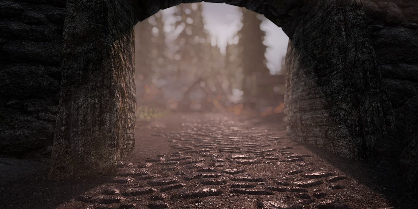 A shot of an archway at dusk in Skyrim