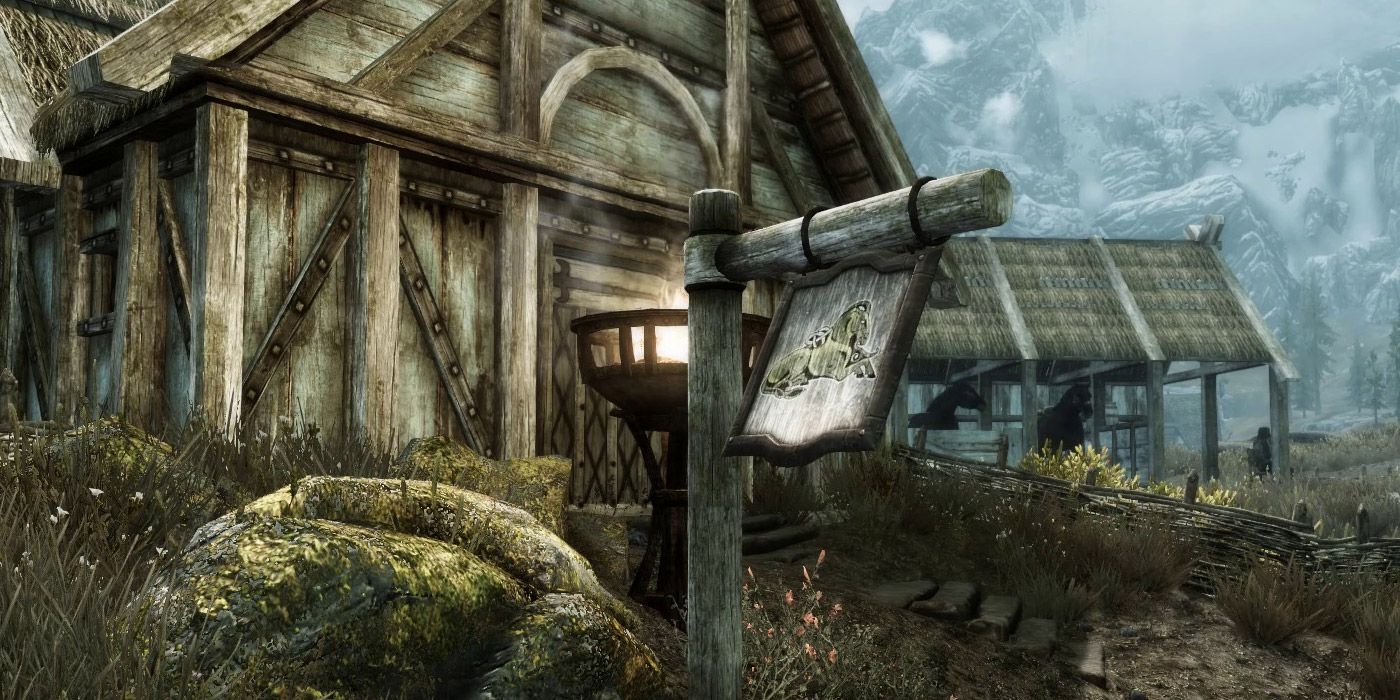 A shop sign blows in the wind in Skyrim
