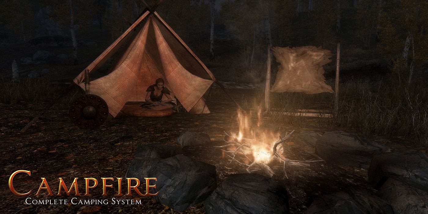 A player resting near a campfire in Skyrim