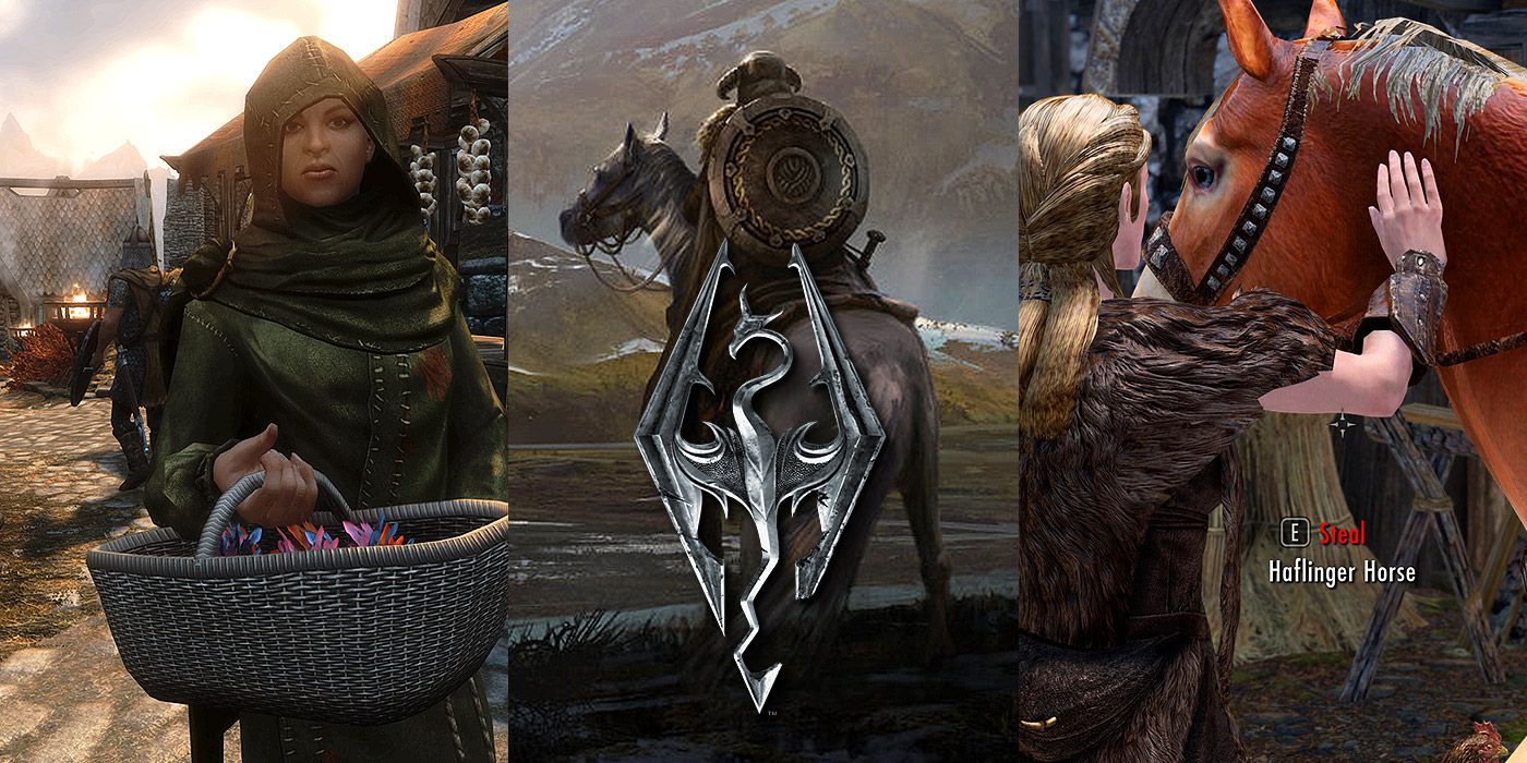 Split image of a citizen, a character on horseback, and a character petting a horse in Skyrim