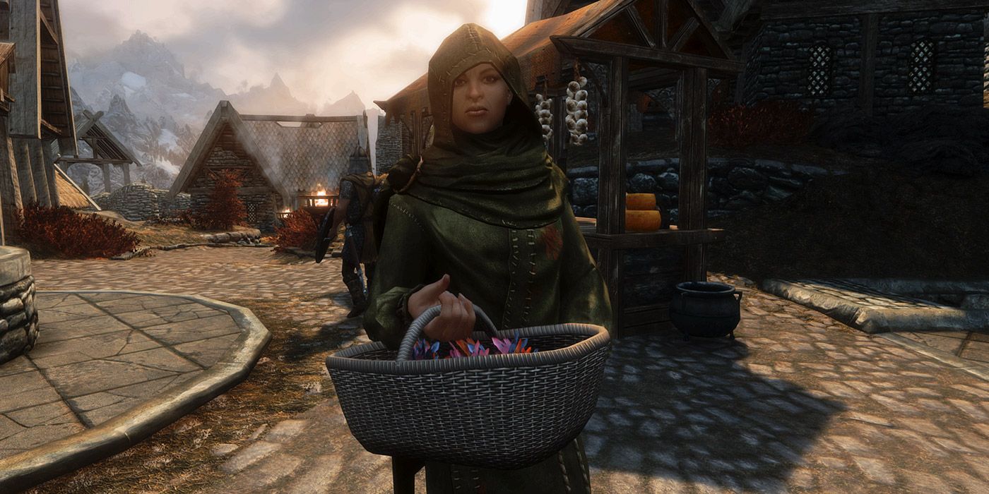A citizen carrying a basket in a village in Skyrim