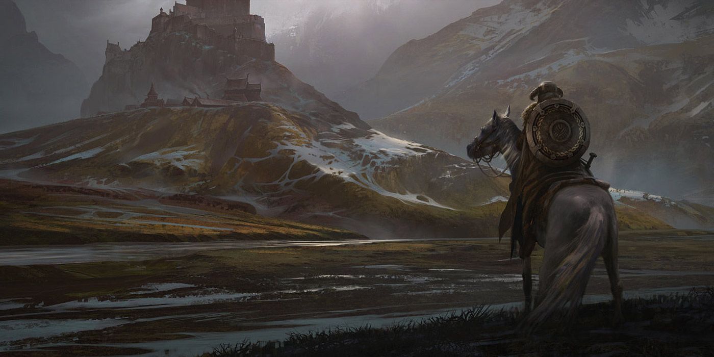 A Dragonborn on horseback looking over a valley and a city in Skyrim