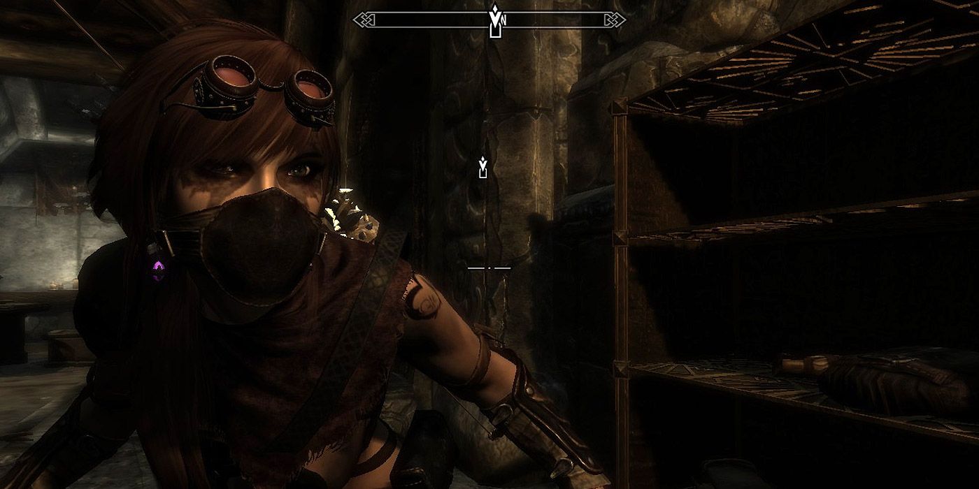A masked character sneaking through a fort in Skyrim