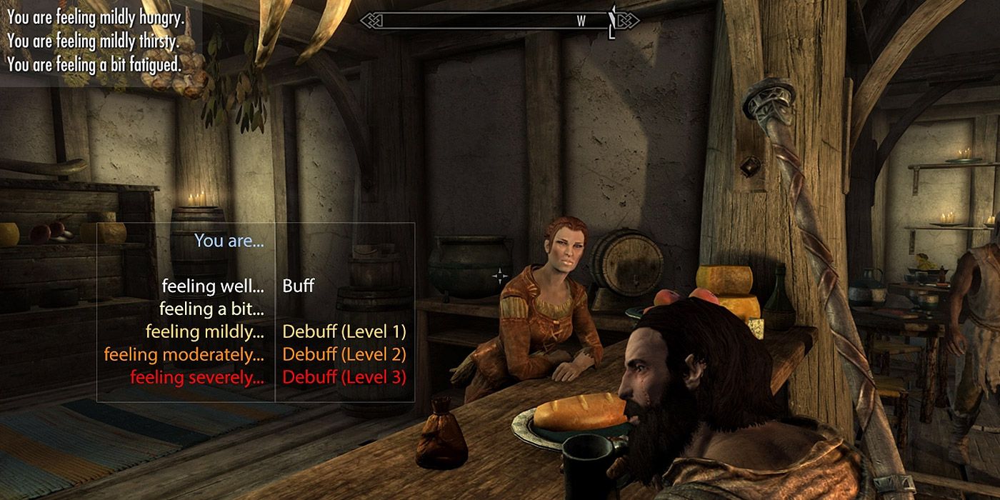 A shot of two characters in a tavern in Skyrim