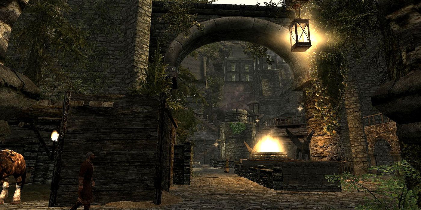 A shot of a dimly lit city in Beyond Reach, from Skyrim