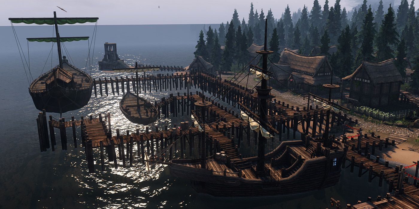 A shot of the docks area from Midwood Isle in Skyrim
