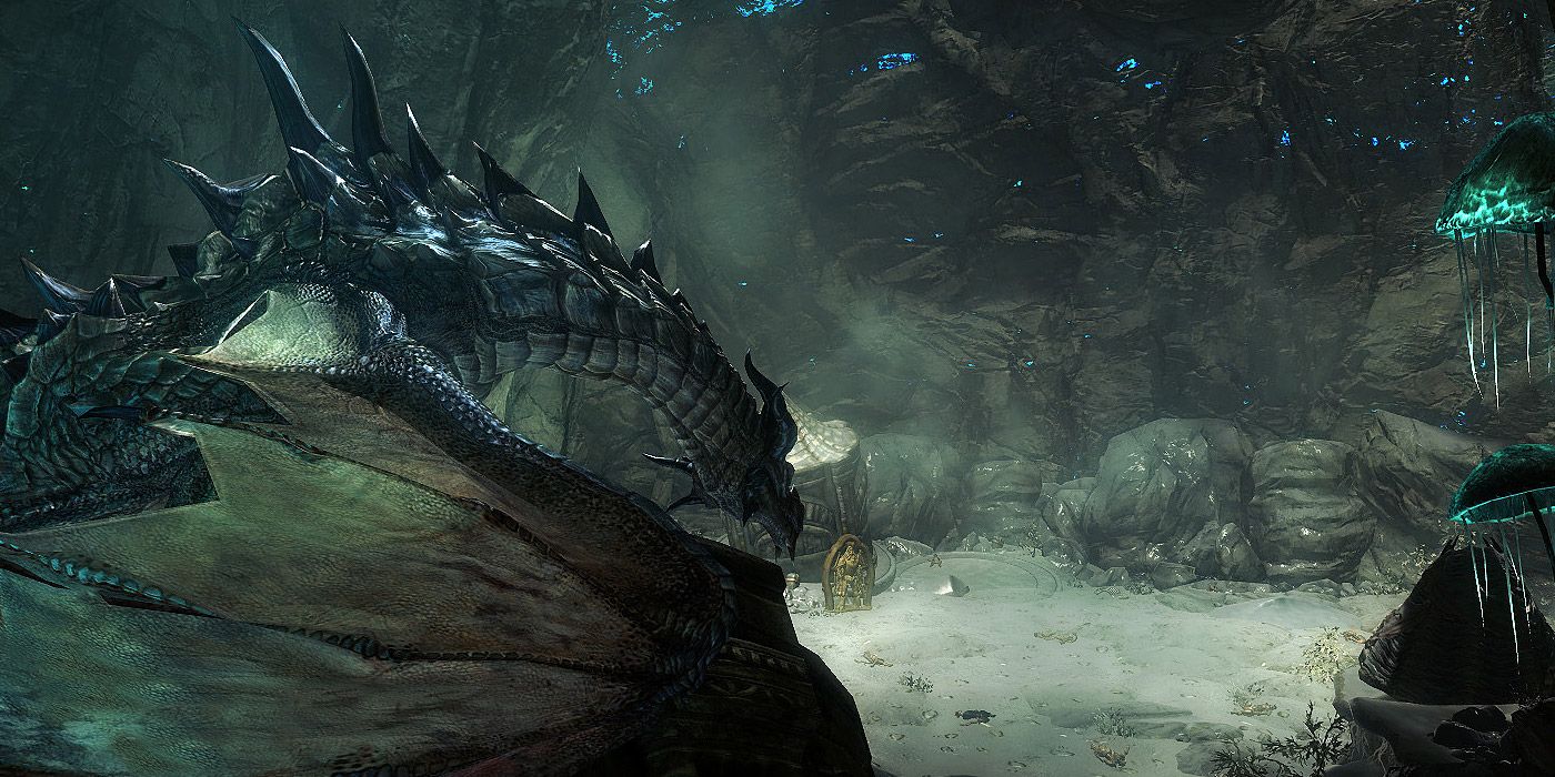 A dragon resides in a cave in Wyrmstooth, from Skyrim