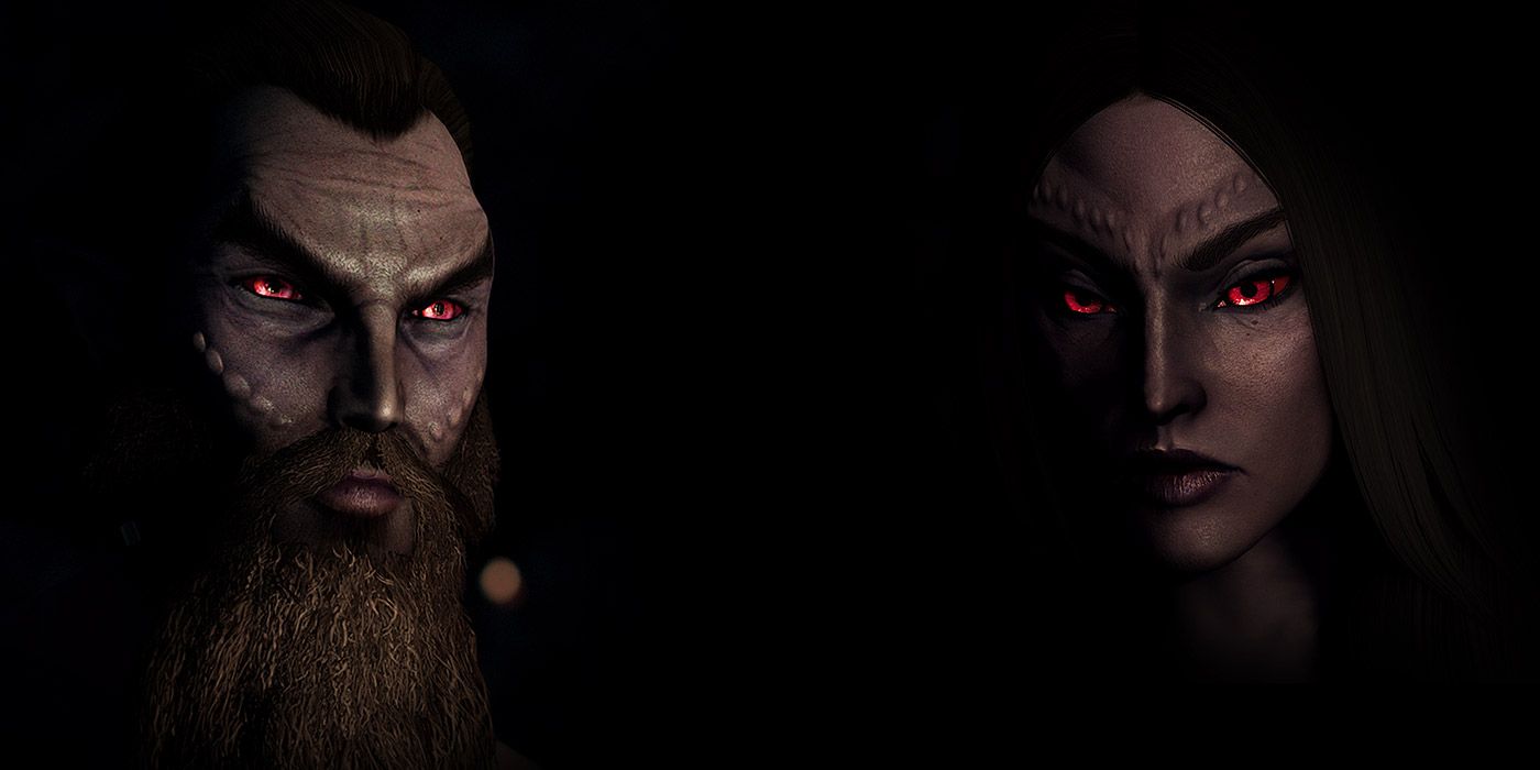 A male and female Dunmer with enhanced facial textures in Skyrim