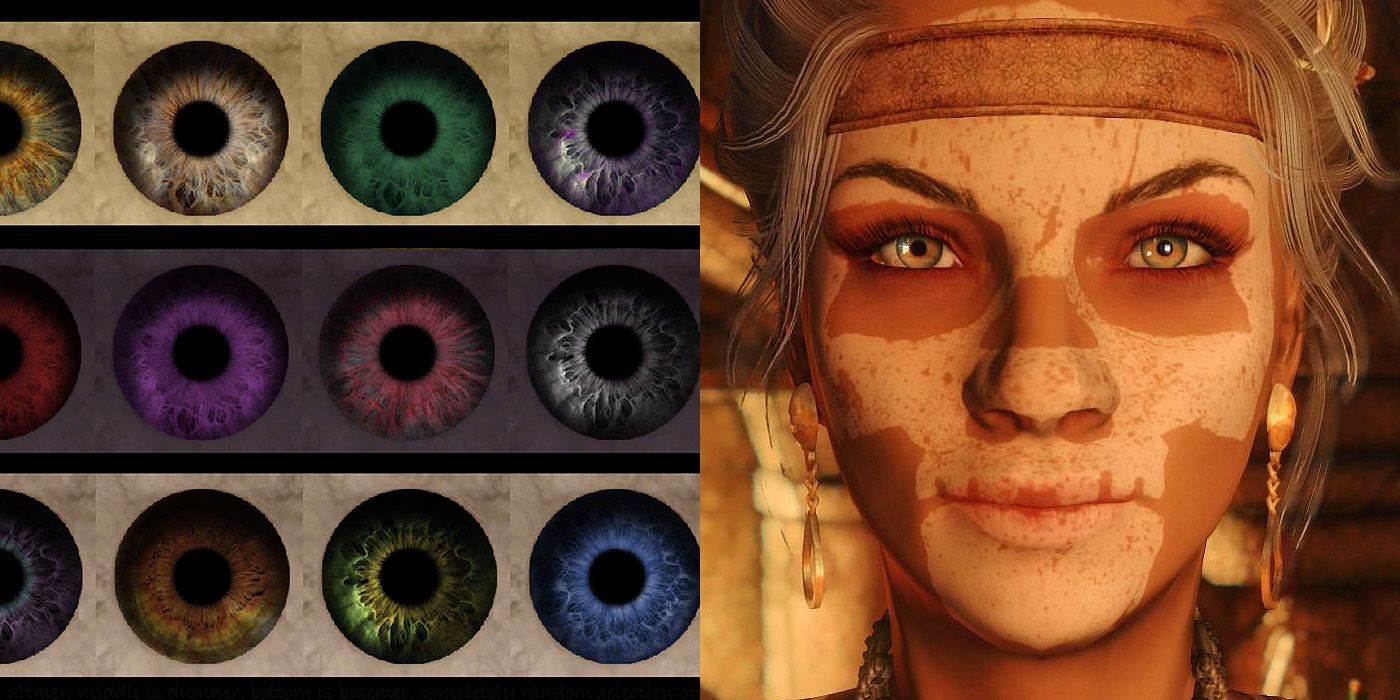 Split image of the Improved Eyes texture mod for Skyrim, and a female character in game