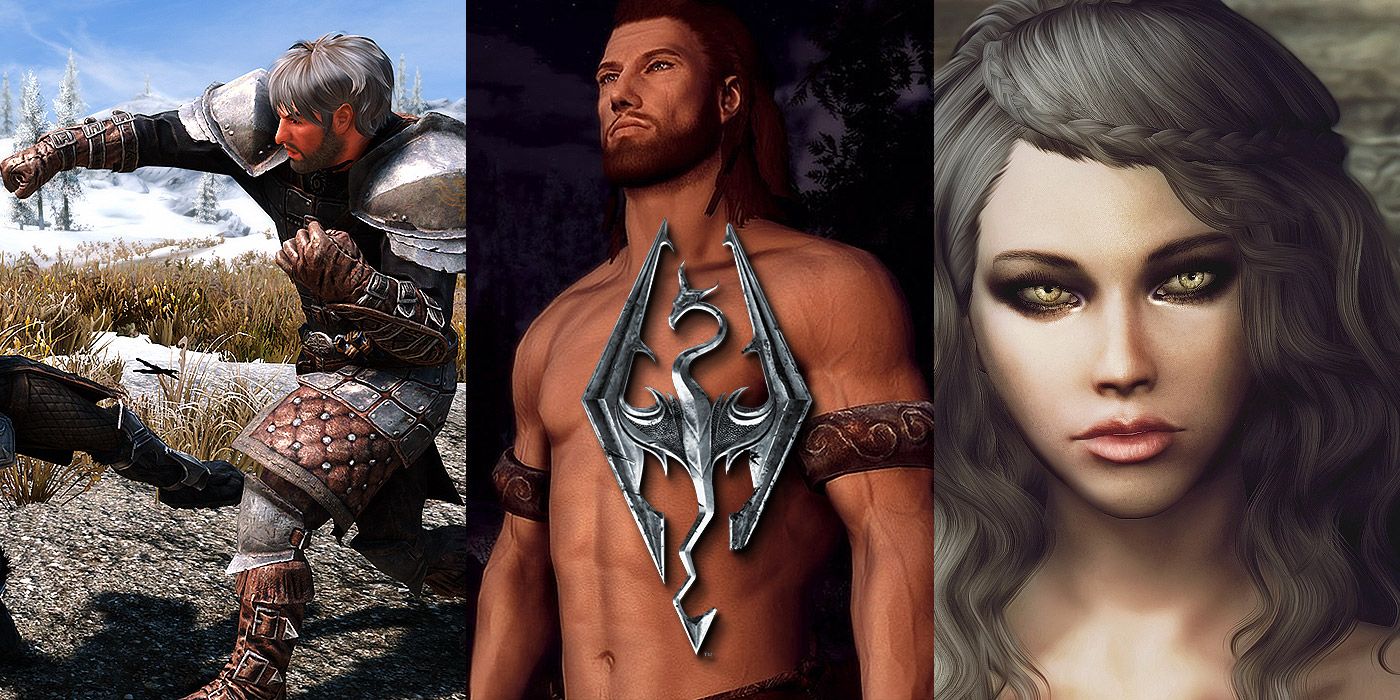 Split image of an Atlantean warrior, a Nord male and a human female in Skyrim