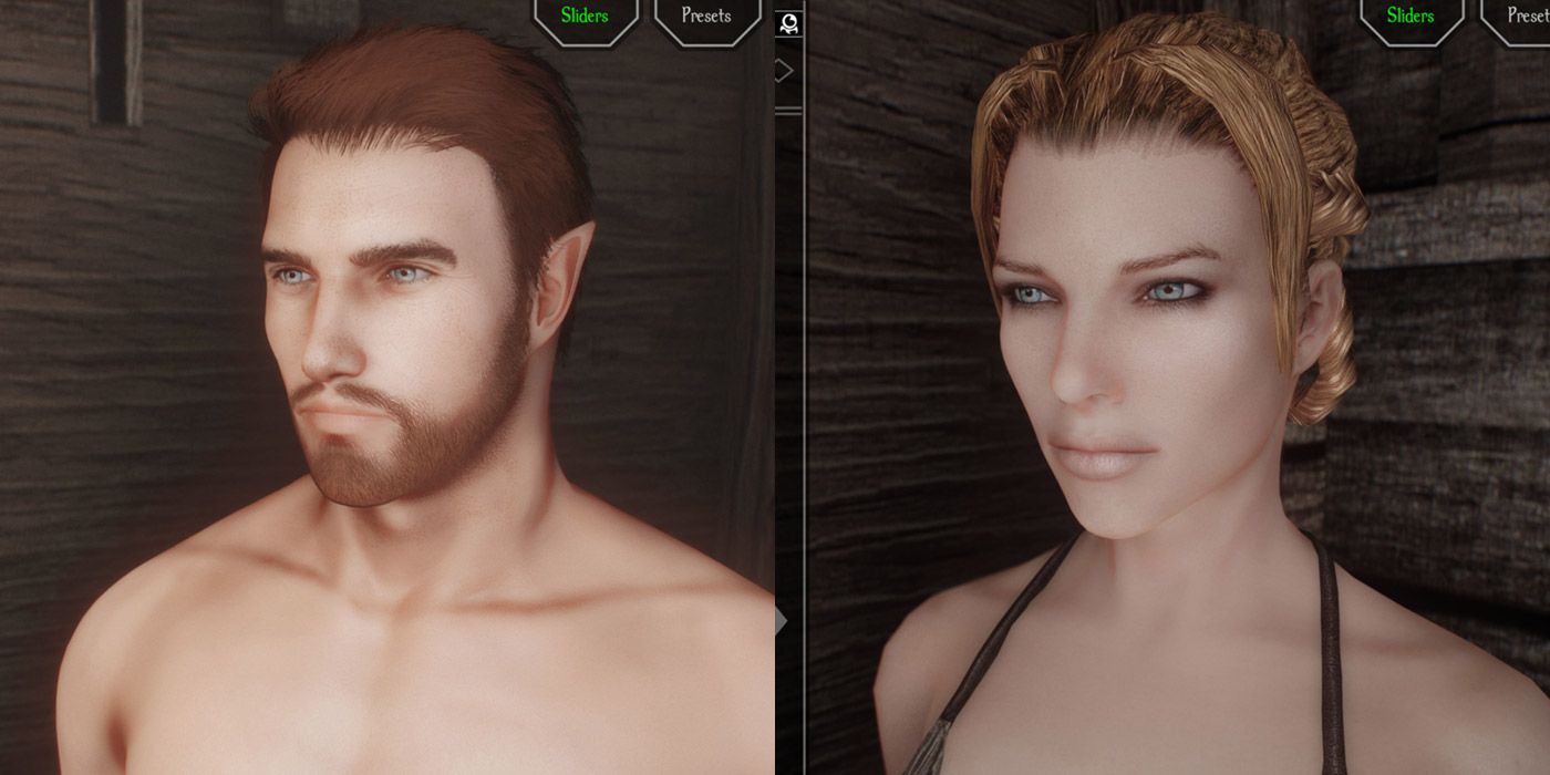 Split image of a male and female with enhanced head mesh in Skyrim