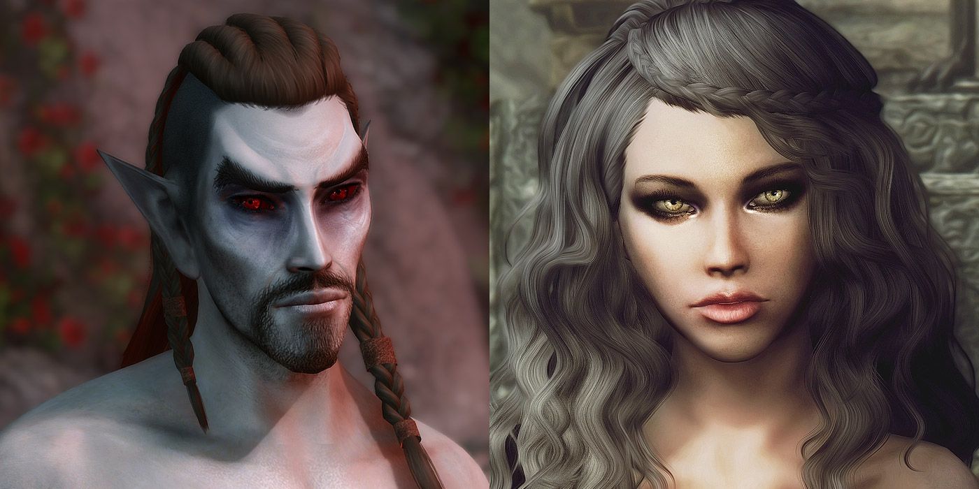 Split image of a Dunmer and a human female with different hairstyles in Skyrim